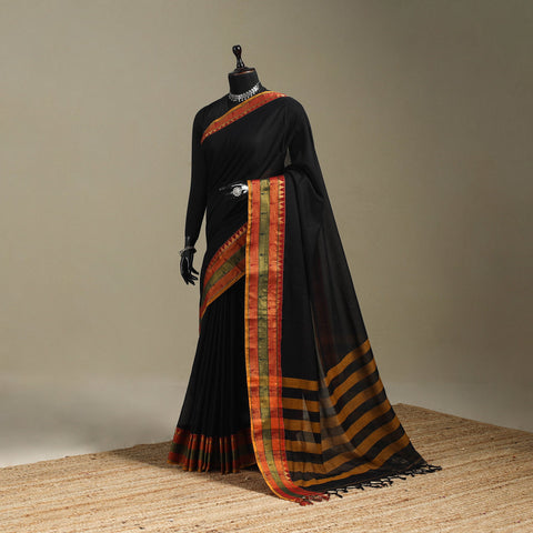 Black - dharwad cotton saree with border 32 - handcrafted