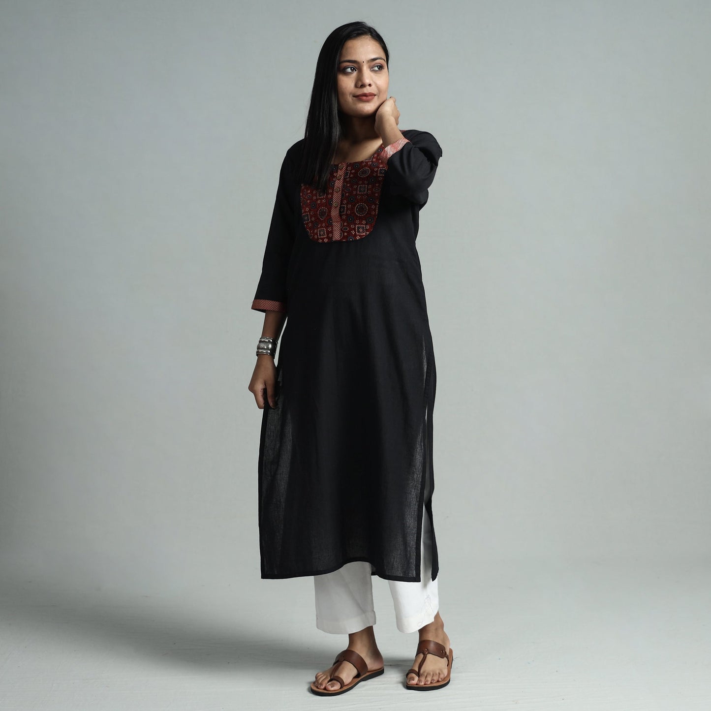 Black - dharwad cotton straight kurta with ajrakh patchwork