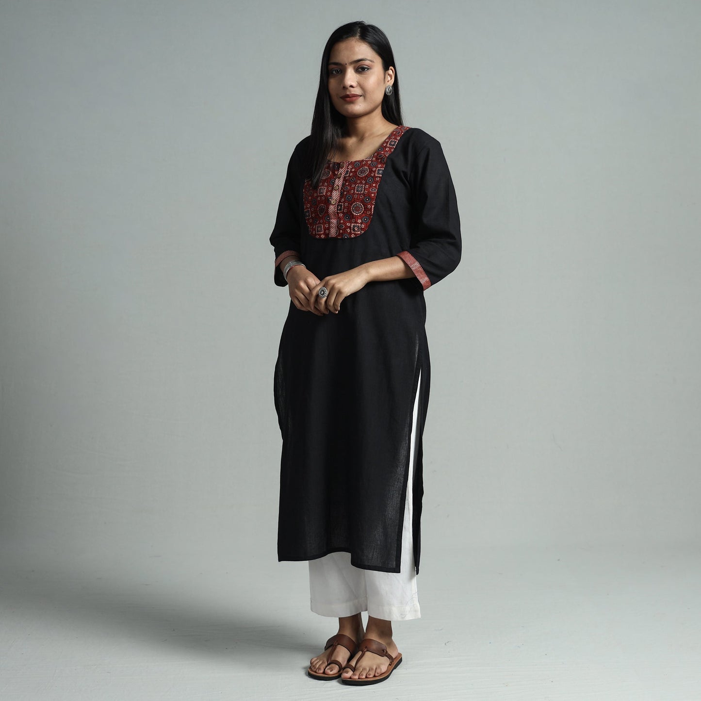 Black - dharwad cotton straight kurta with ajrakh patchwork
