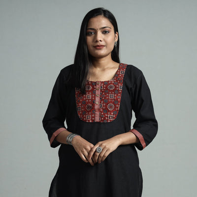 Black - dharwad cotton straight kurta with ajrakh patchwork
