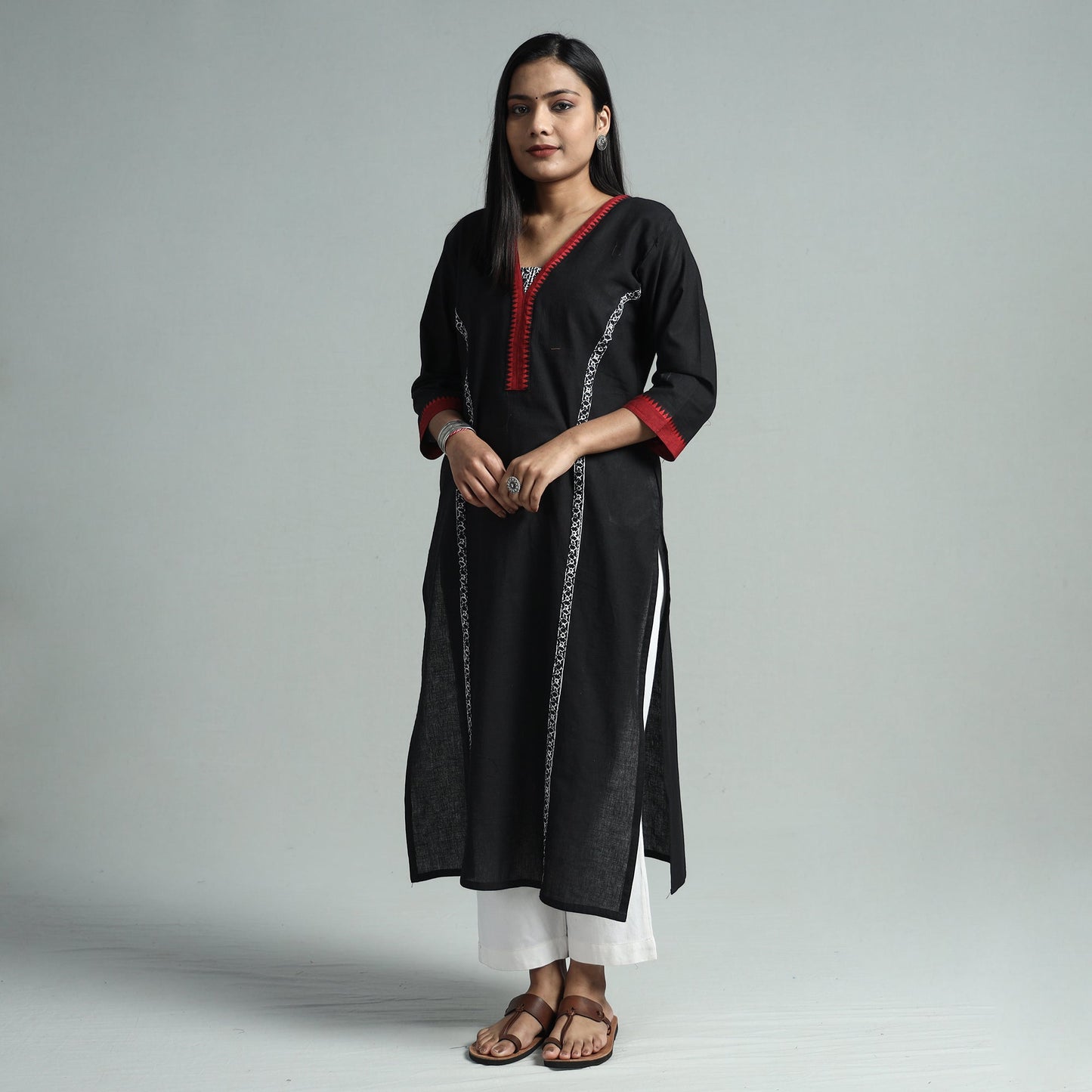 Black - dharwad cotton straight kurta with sanganeri