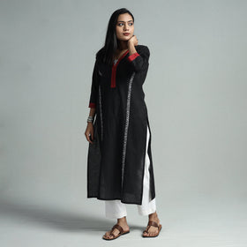 Black - dharwad cotton straight kurta with sanganeri