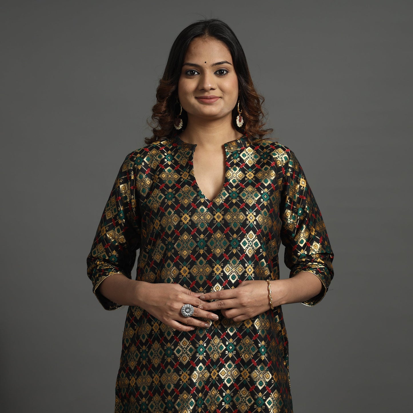 Black - elegant banarasi brocade silk kurta with pant set