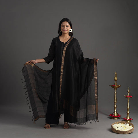 Buy Black Elegant Linen Silk Handloom Plain Kurta Set