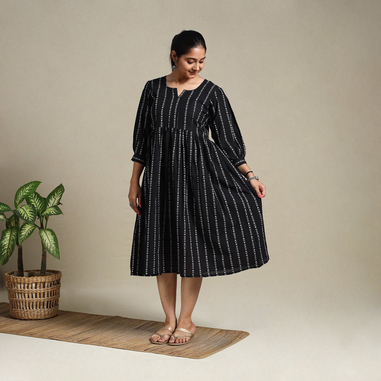 Black Flared Cotton Jacquard Dress