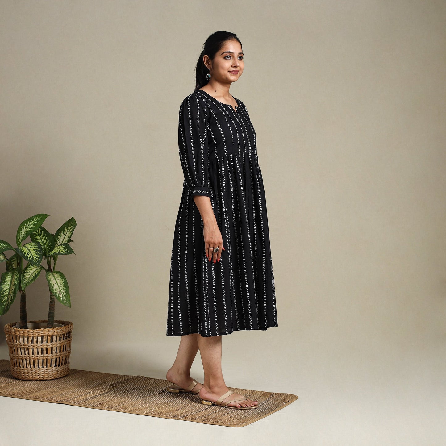 Black Flared Cotton Jacquard Dress