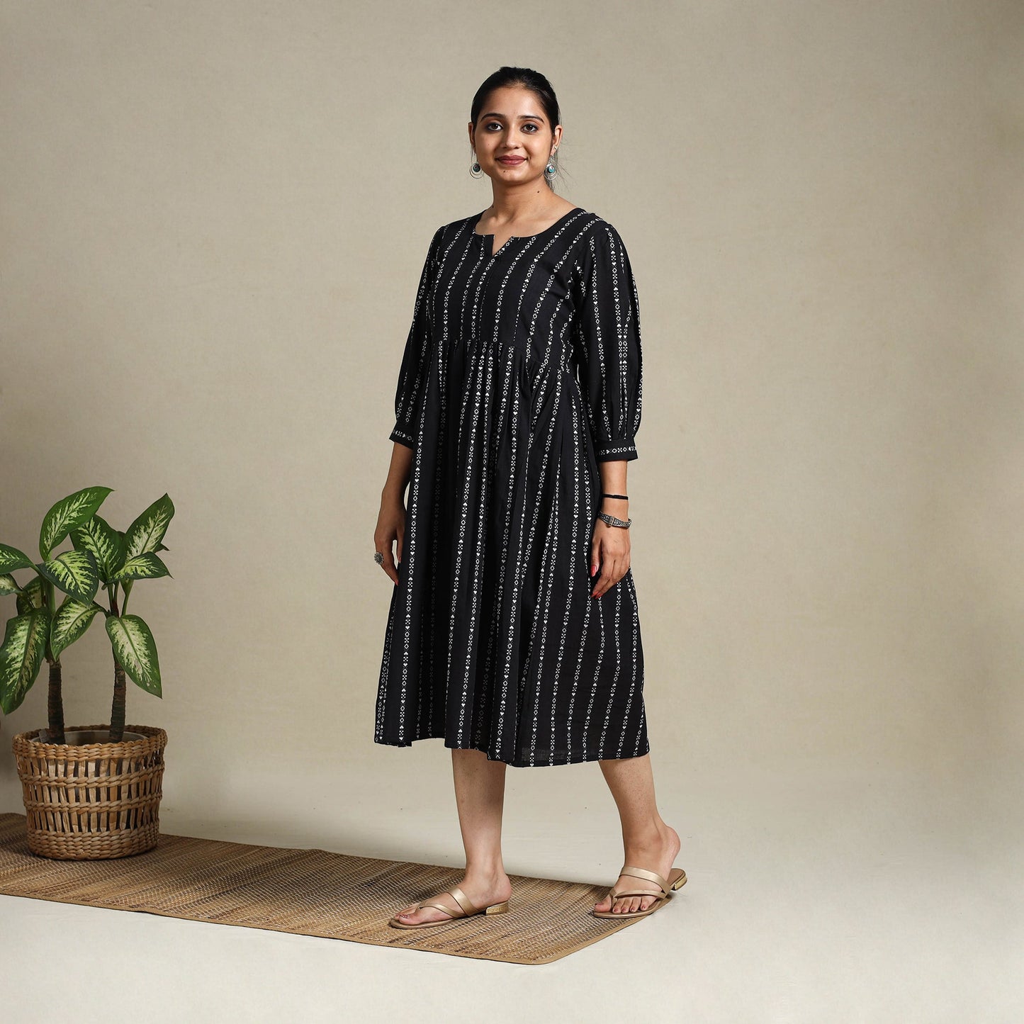 Black Flared Cotton Jacquard Dress