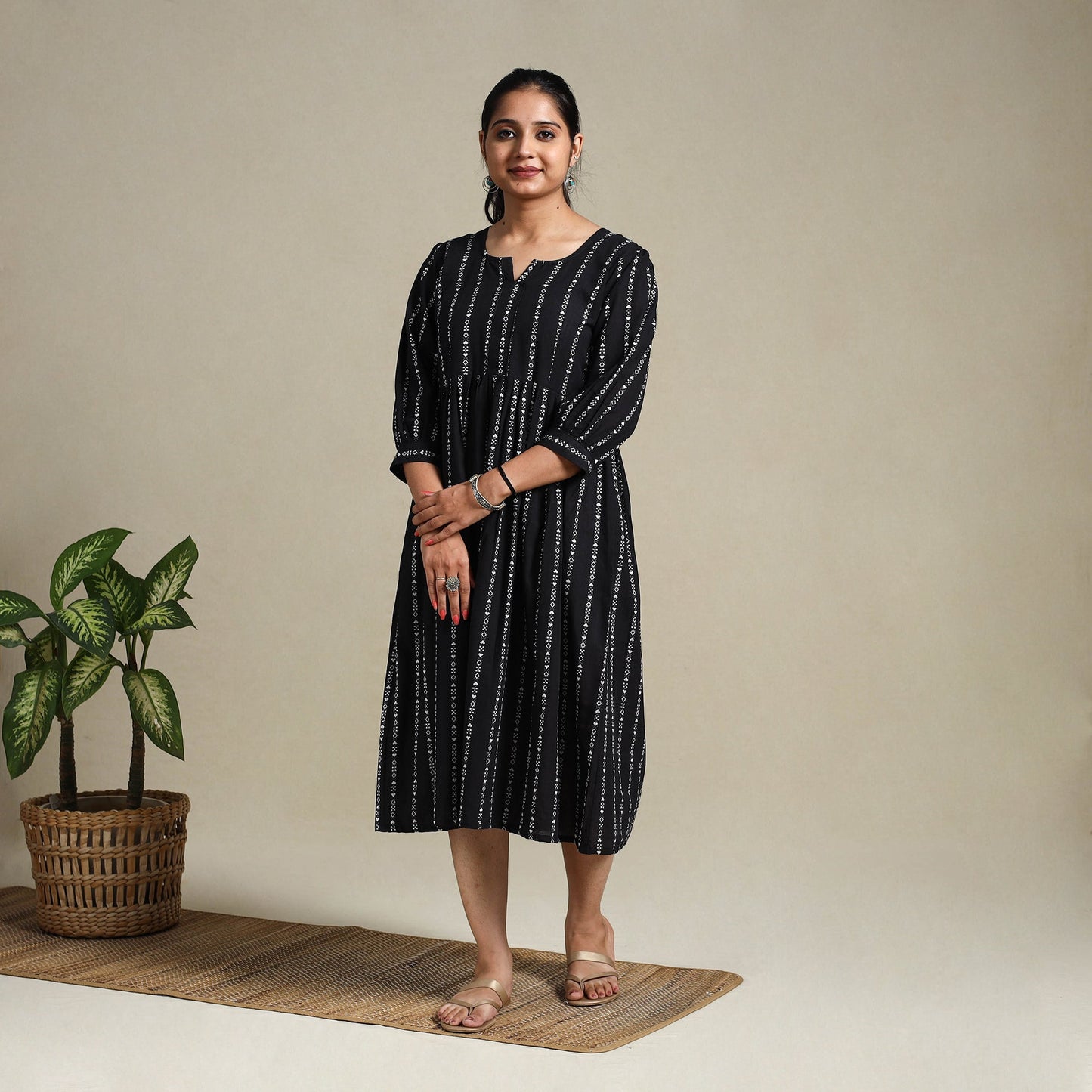 Black Flared Cotton Jacquard Dress