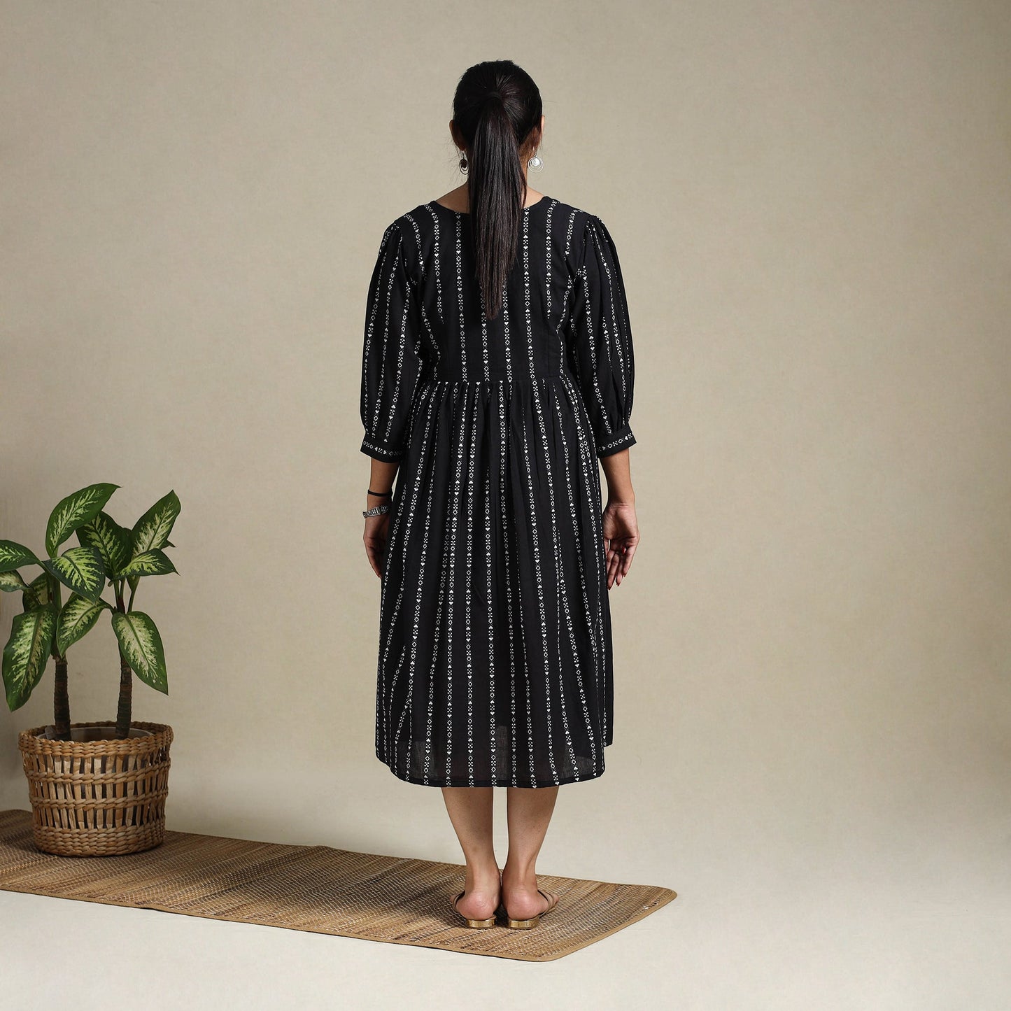 Black Flared Cotton Jacquard Dress