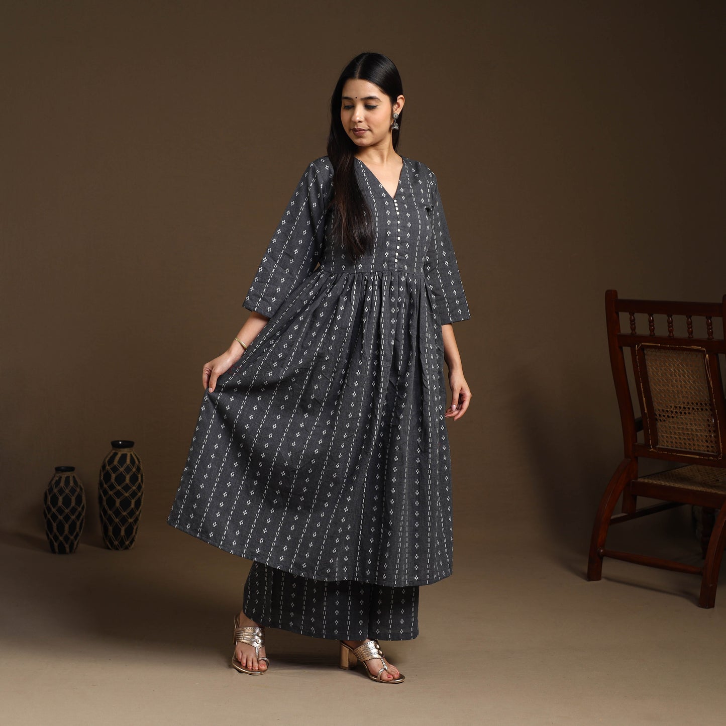  Black Flared Cotton Jacquard Kurta with Palazzo Set