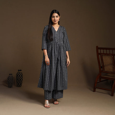  Black Flared Cotton Jacquard Kurta with Palazzo Set
