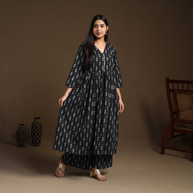  Black Flared Cotton Jacquard Kurta with Palazzo Set