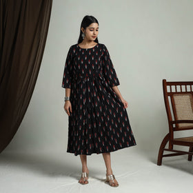  Black Flared Cotton Pochampally Ikat Dress