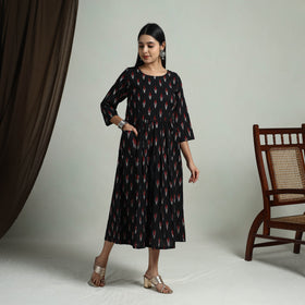  Black Flared Cotton Pochampally Ikat Dress