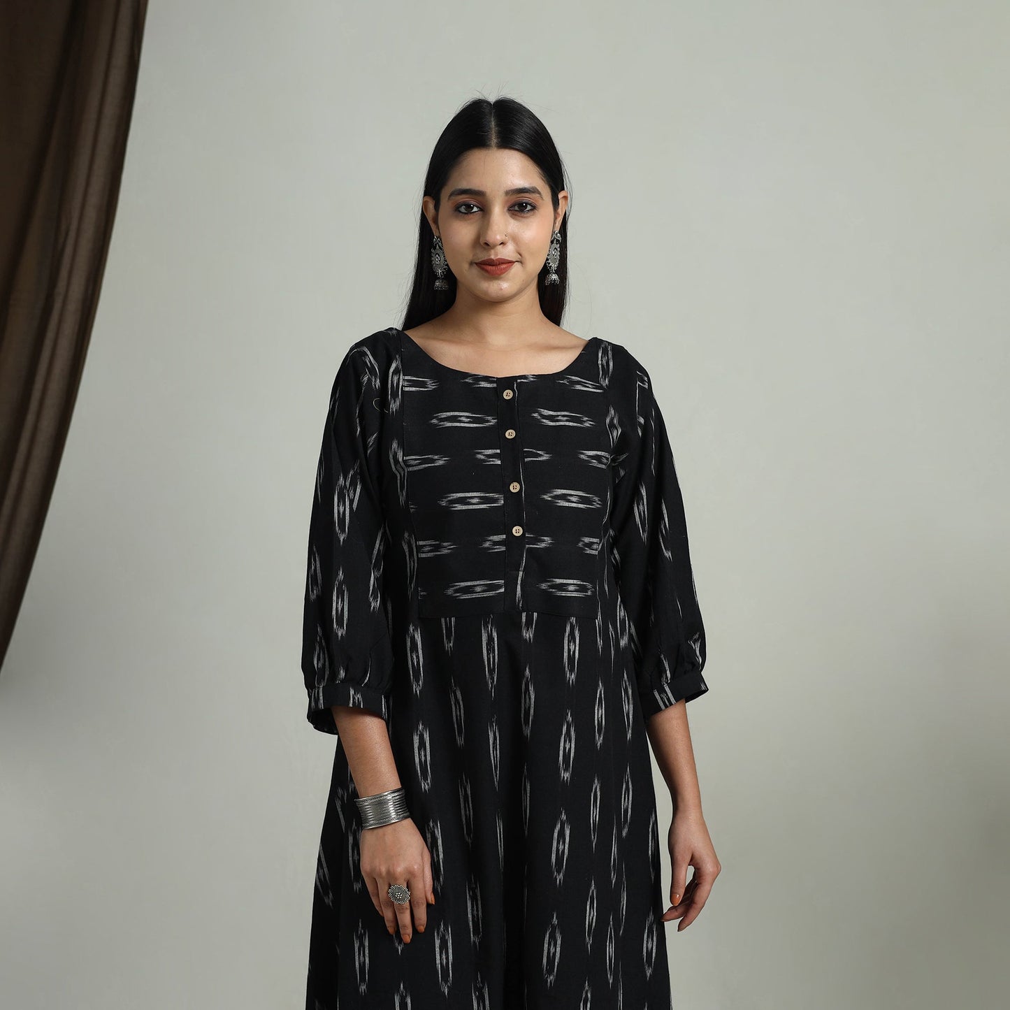  Black Flared Cotton Pochampally Ikat Dress