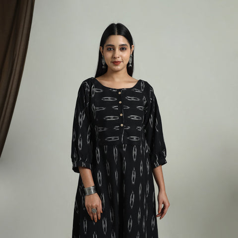  Black Flared Cotton Pochampally Ikat Dress