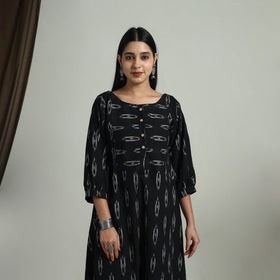  Black Flared Cotton Pochampally Ikat Dress