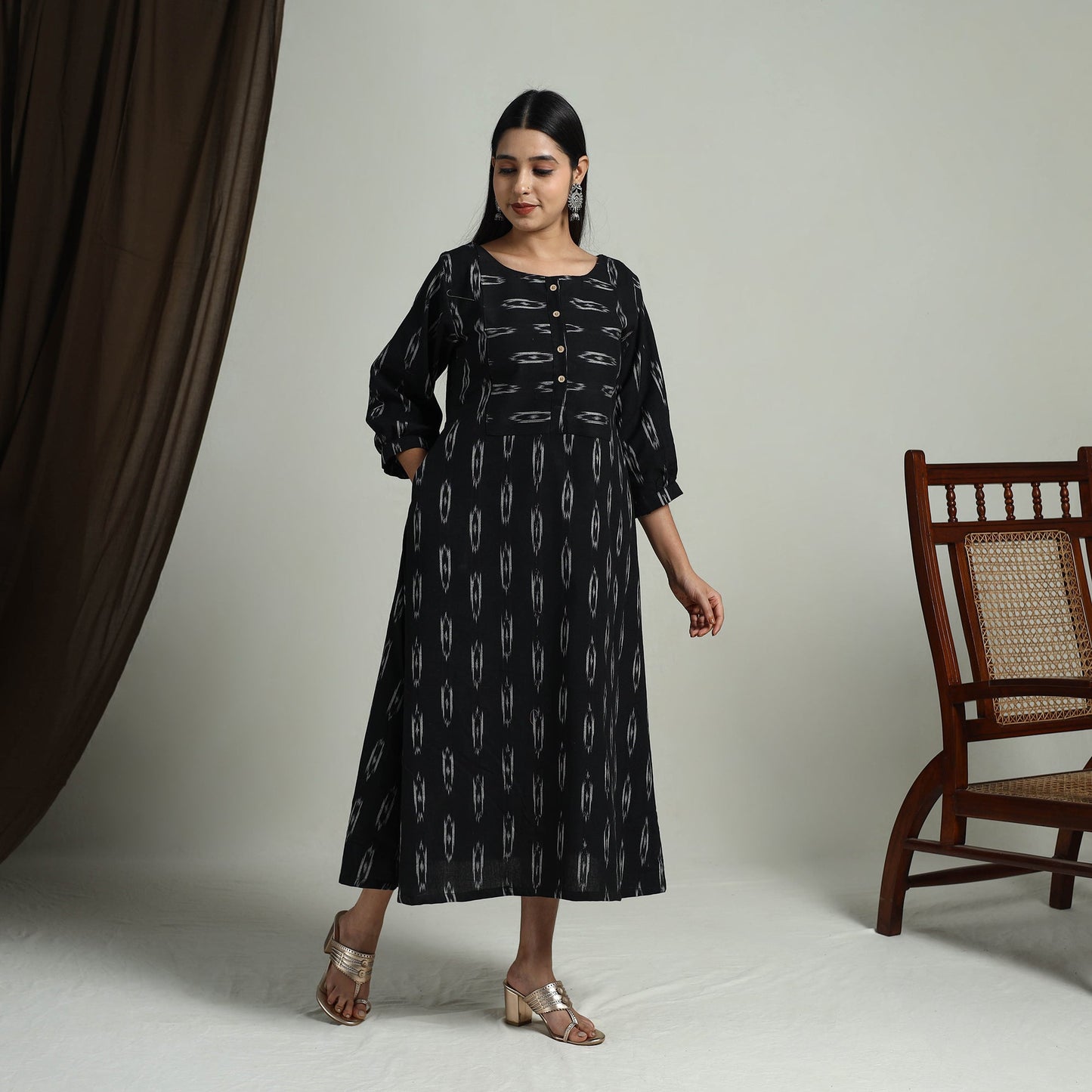  Black Flared Cotton Pochampally Ikat Dress