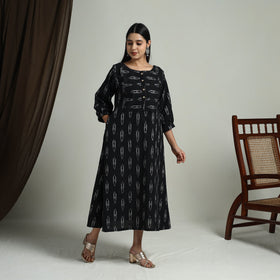  Black Flared Cotton Pochampally Ikat Dress