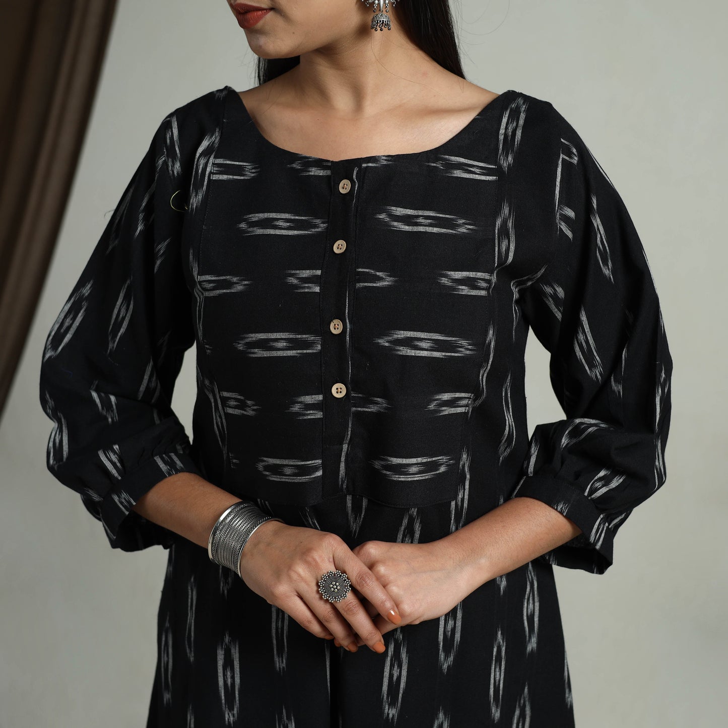  Black Flared Cotton Pochampally Ikat Dress