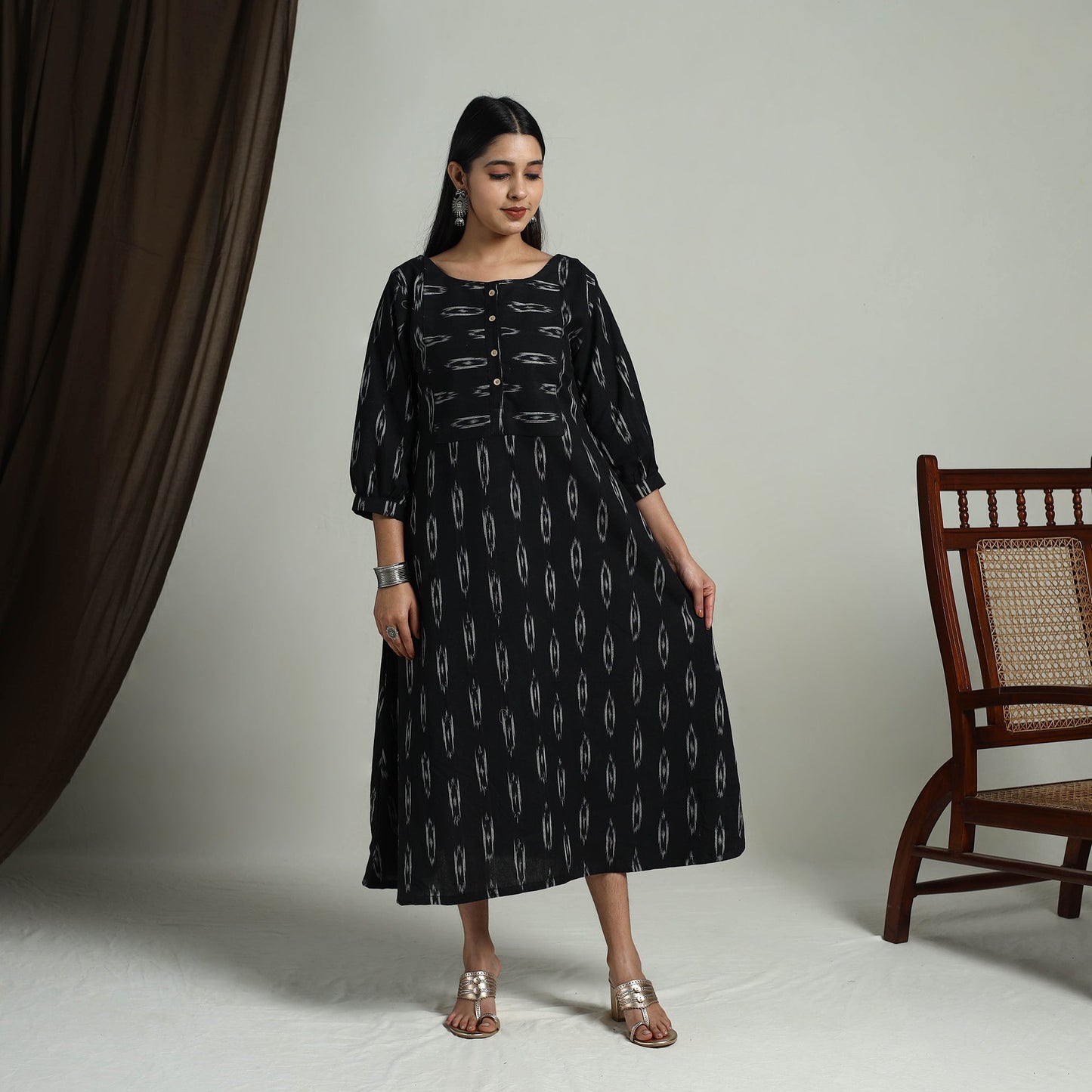  Black Flared Cotton Pochampally Ikat Dress
