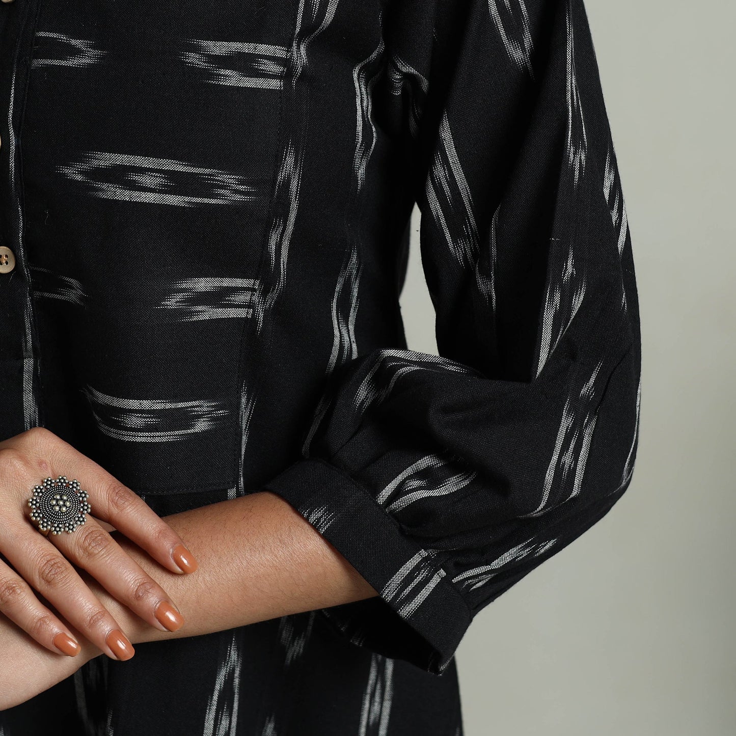  Black Flared Cotton Pochampally Ikat Dress