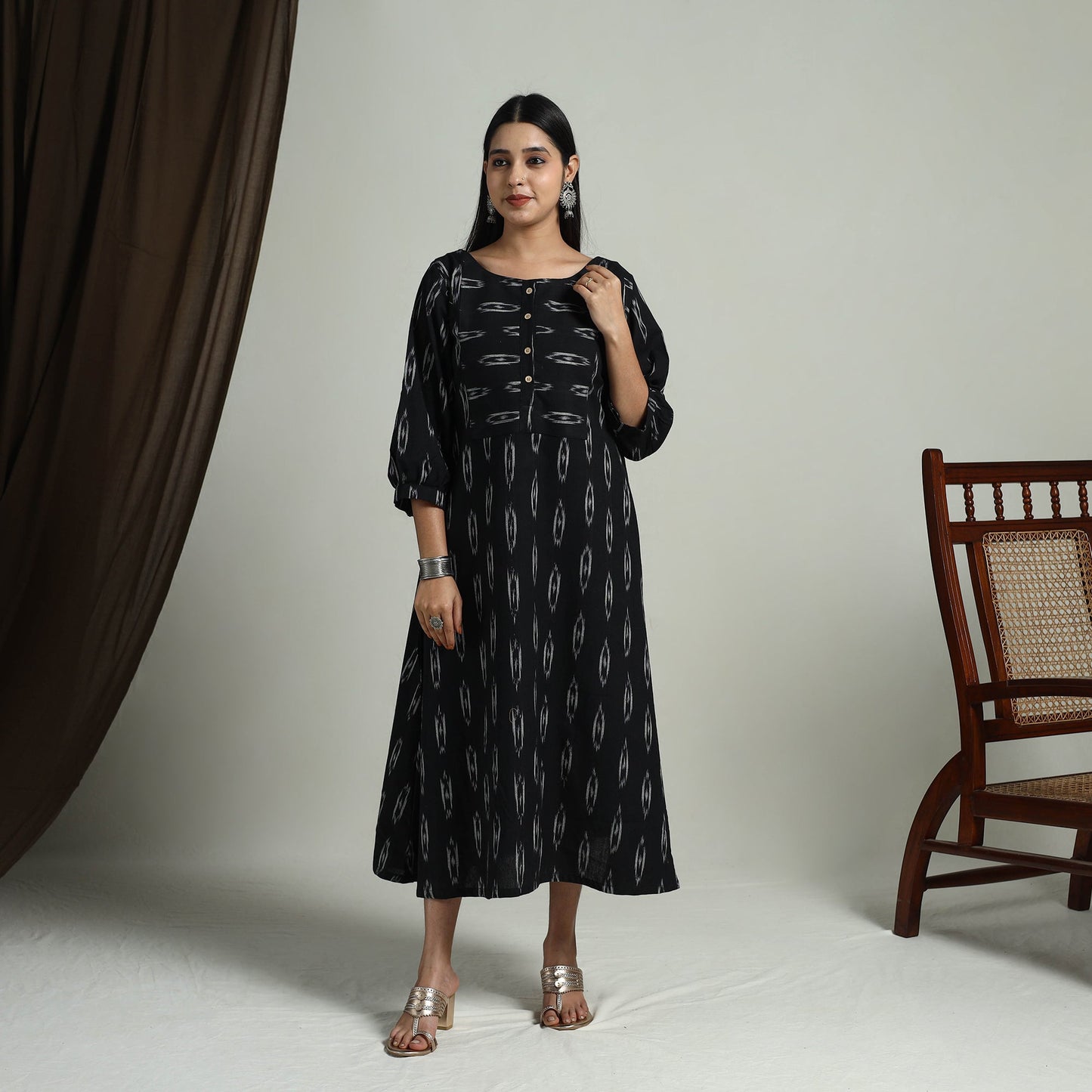  Black Flared Cotton Pochampally Ikat Dress