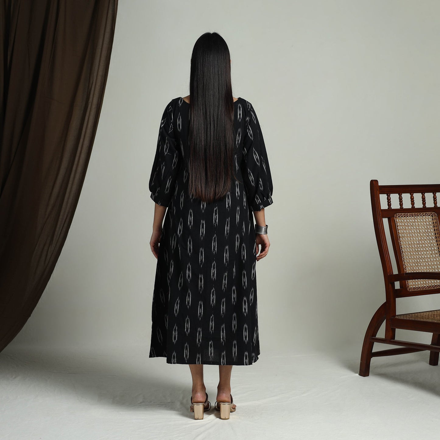  Black Flared Cotton Pochampally Ikat Dress