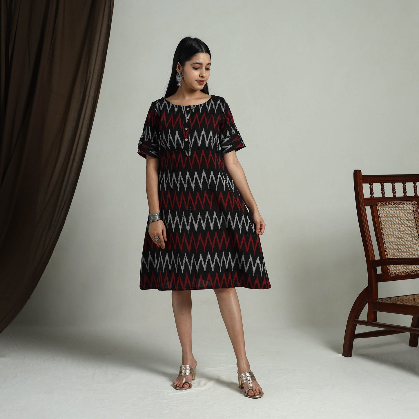  Black Flared Cotton Short Pochampally Ikat Dress