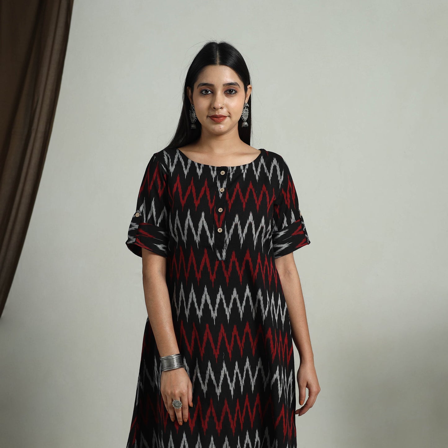  Black Flared Cotton Short Pochampally Ikat Dress