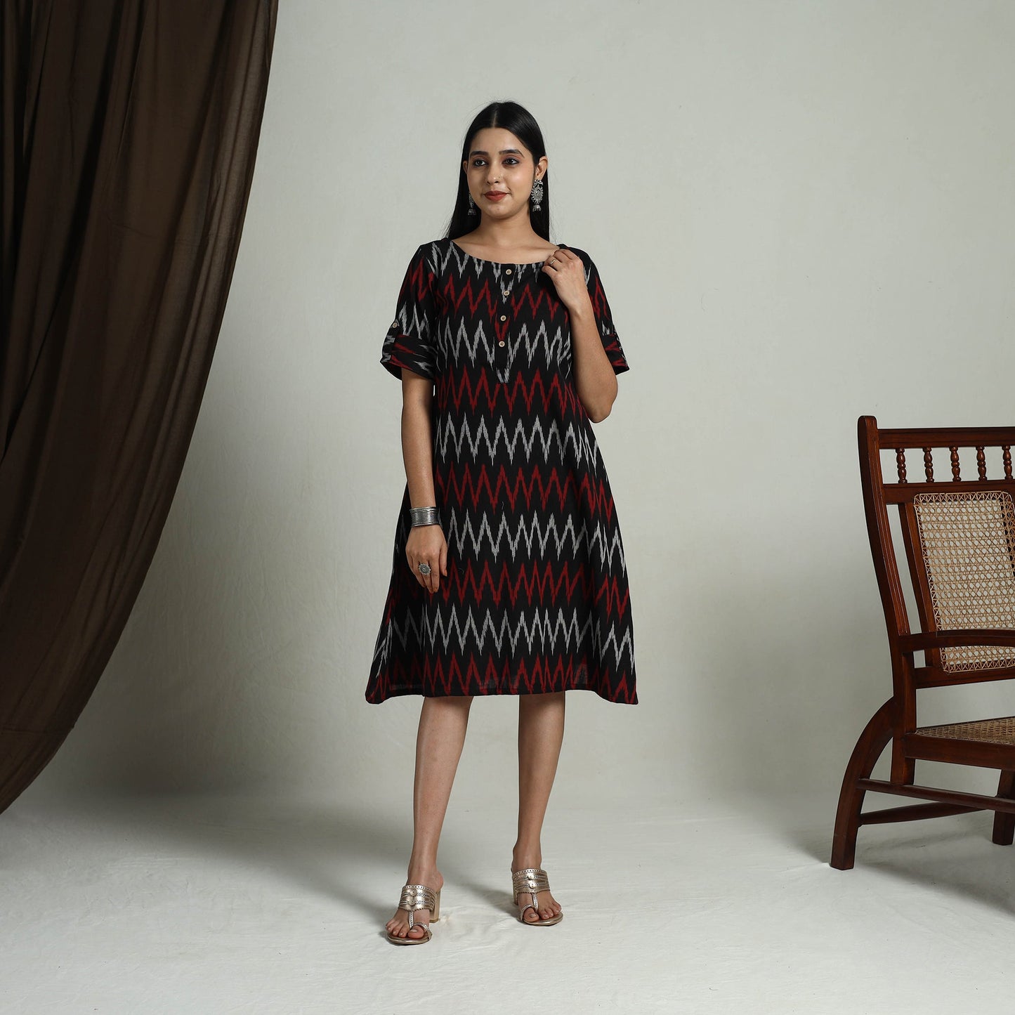  Black Flared Cotton Short Pochampally Ikat Dress