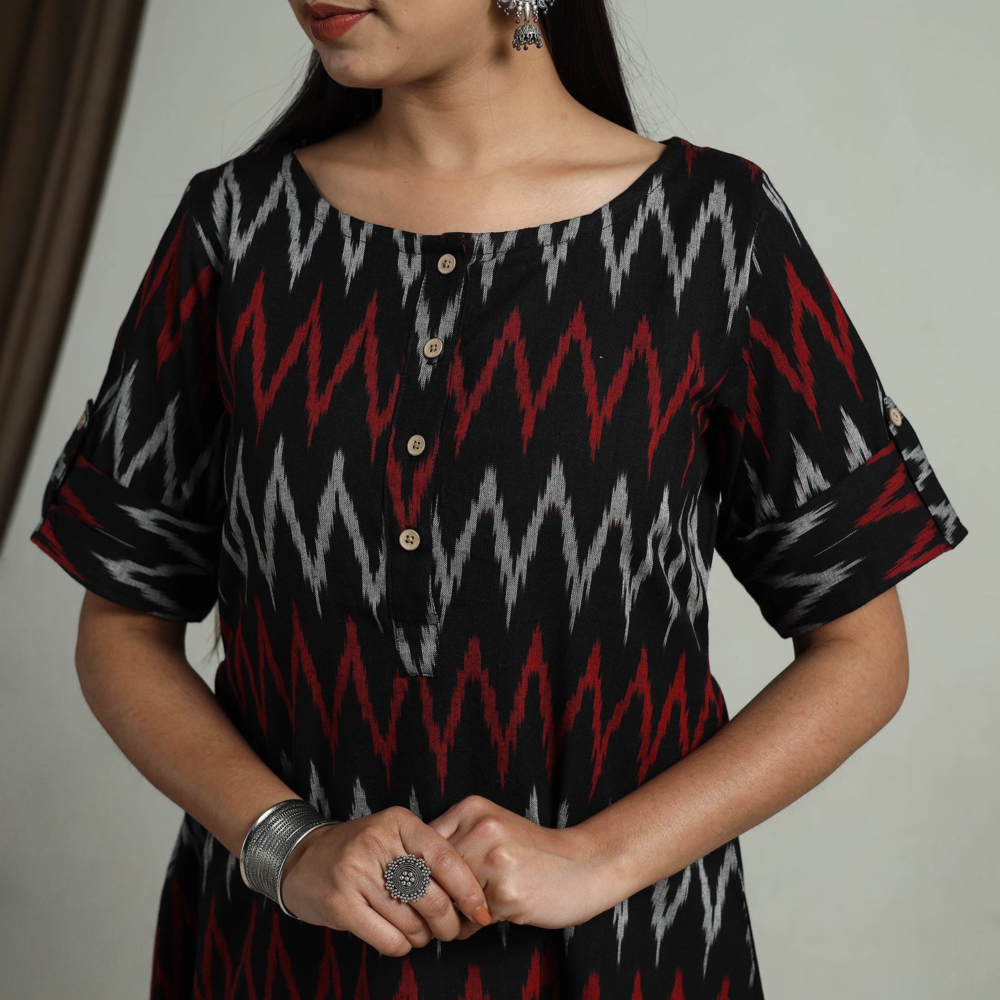  Black Flared Cotton Short Pochampally Ikat Dress