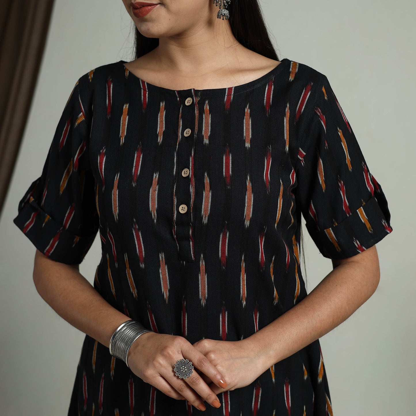  Black Flared Cotton Short Pochampally Ikat Dress