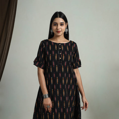  Black Flared Cotton Short Pochampally Ikat Dress