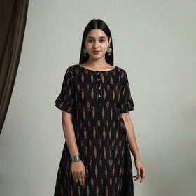  Black Flared Cotton Short Pochampally Ikat Dress