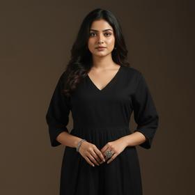 Black - flex cotton tiered plain dress 07 - handcrafted