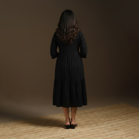Black - flex cotton tiered plain dress 07 - handcrafted