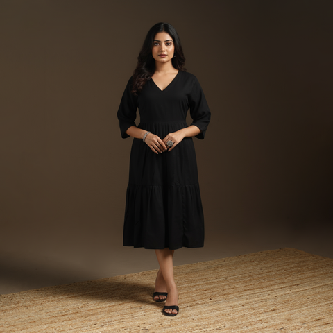 Black - flex cotton tiered plain dress 07 - handcrafted