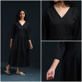 Black - flex cotton tiered plain dress 07 - handcrafted