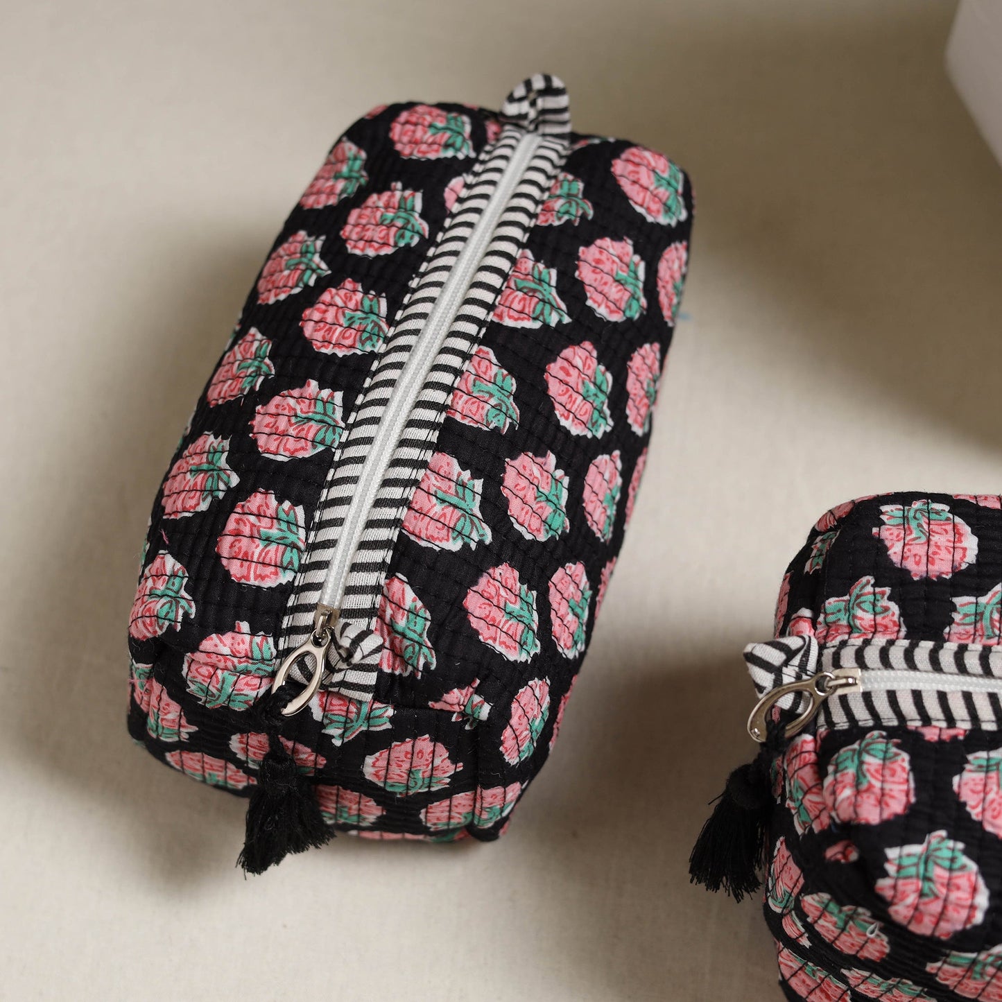 Floral hand block print quilted toiletry bags (set of 3) 20