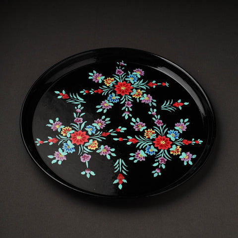  Floral Black Handpainted Enamelware Stainless Steel Plate 