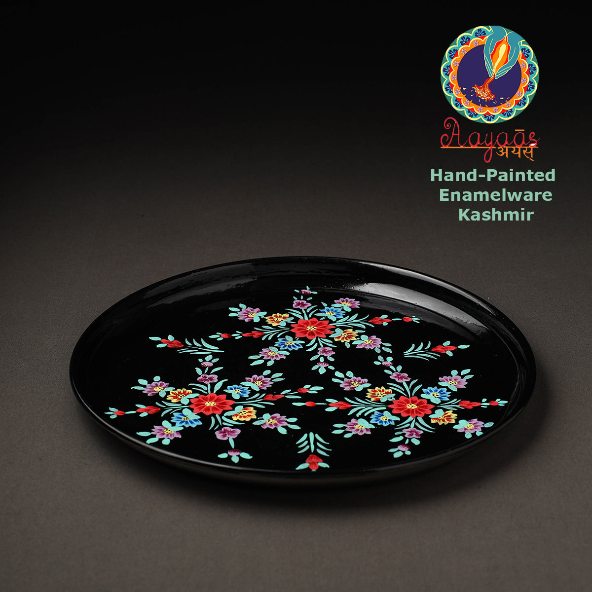  Floral Black Handpainted Enamelware Stainless Steel Plate 