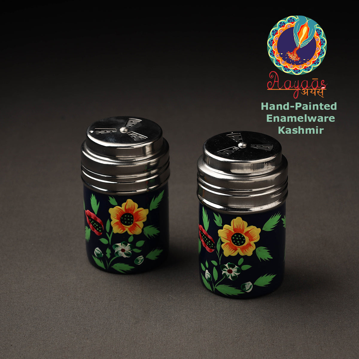 Floral Handpainted Stainless Steel Black Salt and Pepper Shaker Set