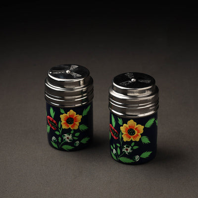 Floral Handpainted Stainless Steel Black Salt and Pepper Shaker Set