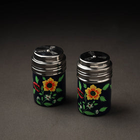 Floral Handpainted Stainless Steel Black Salt and Pepper Shaker Set