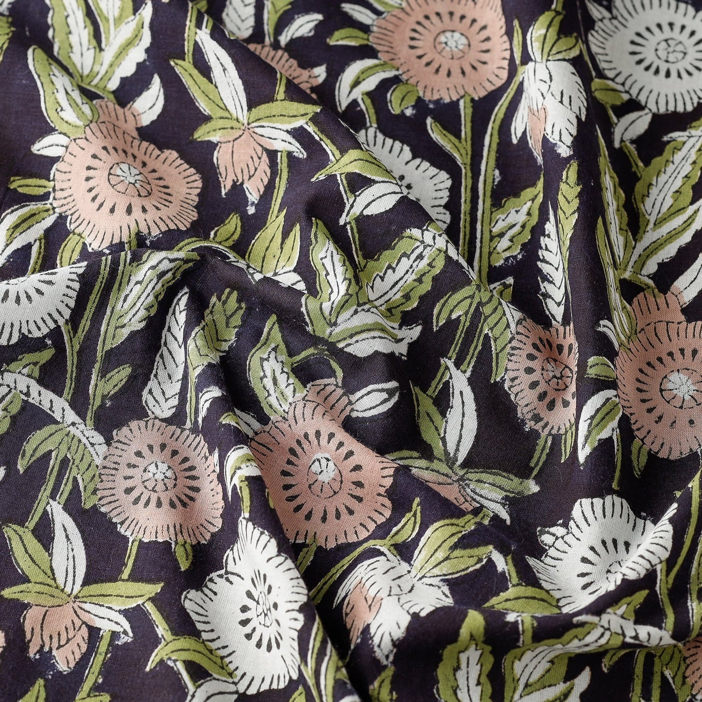 Buy Black Floral Sanganeri Block Printed Cotton Fabric Online at iTokri.com