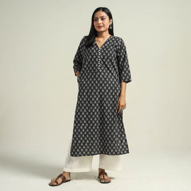 Black with Flower Ajrakh Hand Block Printed Cotton Kurta