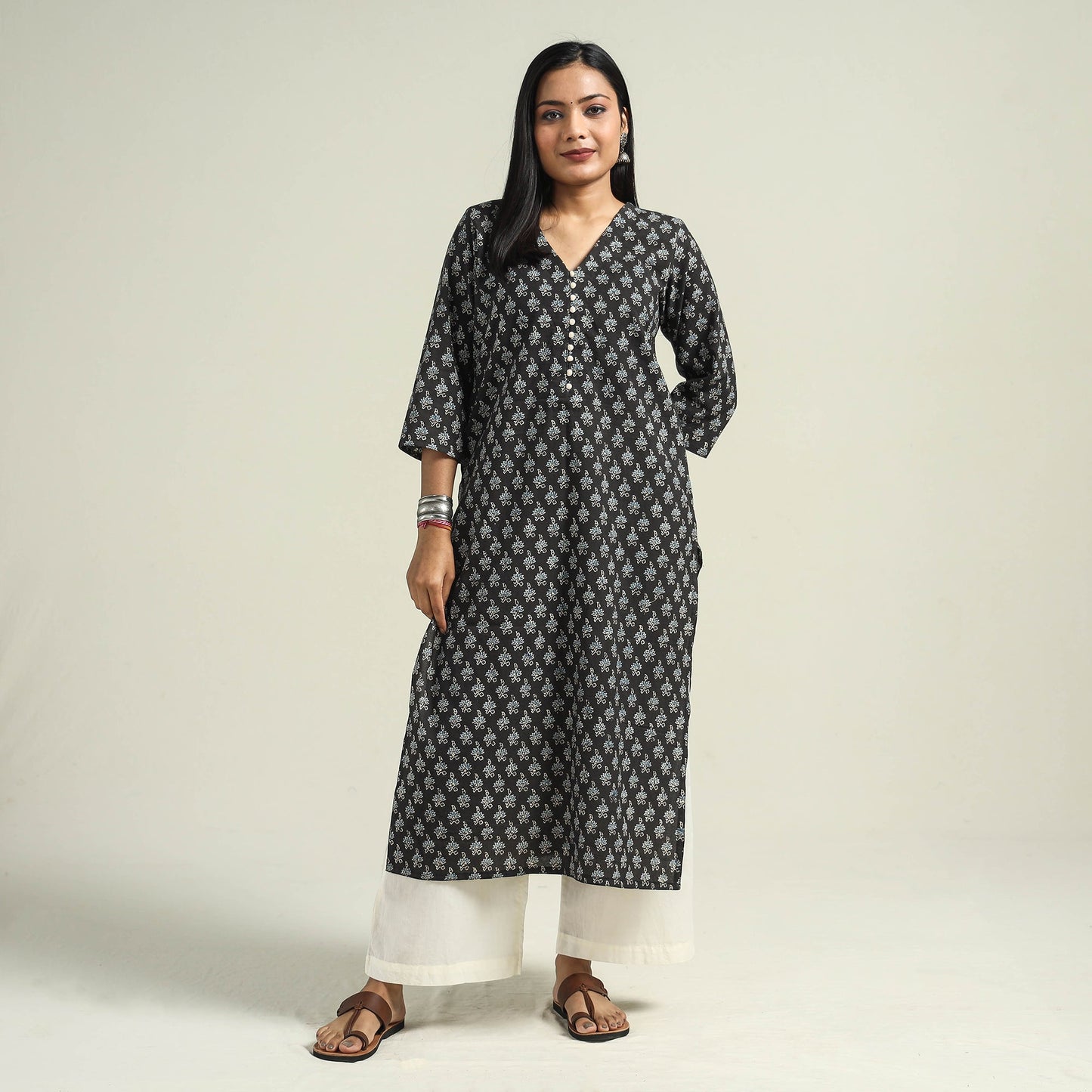 Black with Flower Ajrakh Hand Block Printed Cotton Kurta