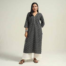 Black with Flower Ajrakh Hand Block Printed Cotton Kurta