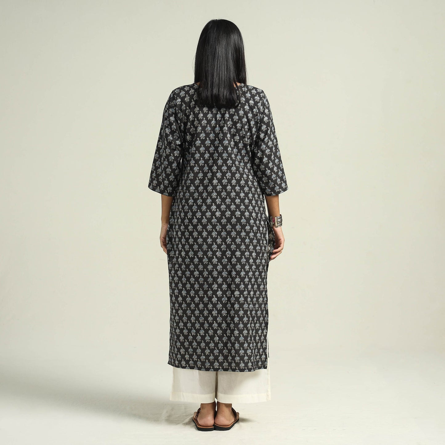 Black with Flower Ajrakh Hand Block Printed Cotton Kurta